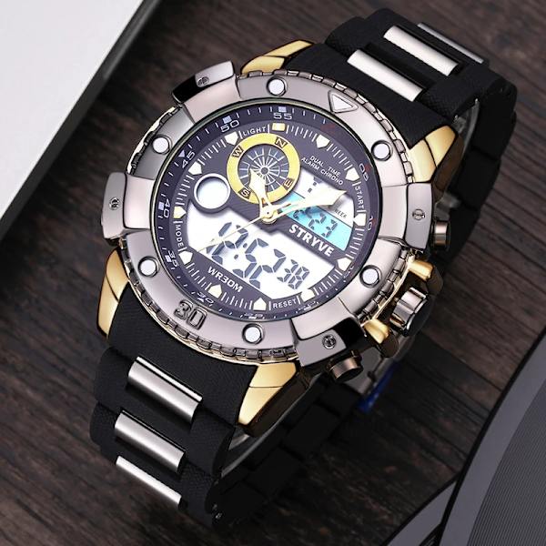 Stryve 8001 Vattentäta armbandsur för män med dubbla rörelser relojes manlig modedesigner herr lyxklockor black with box