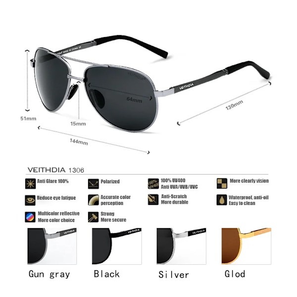 VEITHDIA Märke Pilot Polarized Solglasögon herr Solglasögon Alloy Båge Körglasögon oculos de sol masculino nyanser 1306 Gray Black
