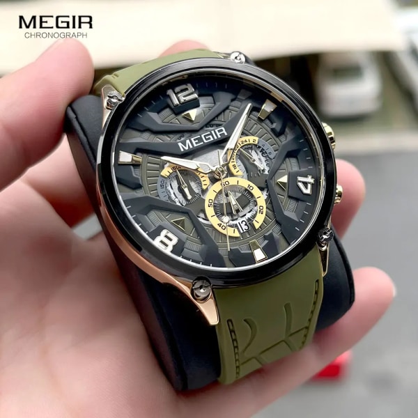 MEGIR Olivgrön Watch Män Mode Silikonrem Vattentät Chronograph Quartz Armbandsur med Auto Date Lysande visare 2222-Gold Green