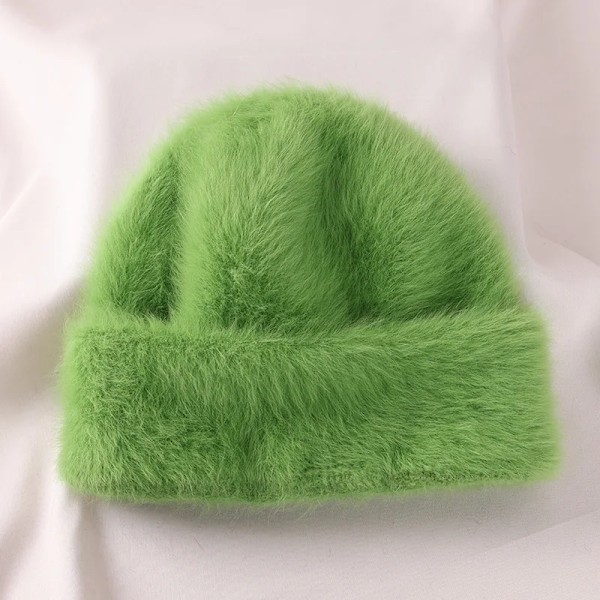 Angora Vintermössa för Kvinnor Stickad Fluffig Beanie Dammode Varm Plysch Skalle Kvinnors Tjocka Fleecehattar Green One Size (Stretch)