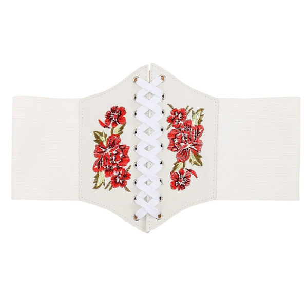 Broderad Svart Dam Bälte Blomma Midjekorsett Vacker Stretch Elastisk Midjeband Bred Korsett PU Läder Midja Smal white embroidery 69-95cm