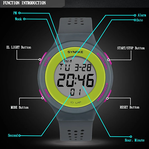 SYNOKE Watch 30M Vattentät Militär LED-skärm Multifunktionell väckarklocka Digitala klockor Herr reloj hombre Gray Watch
