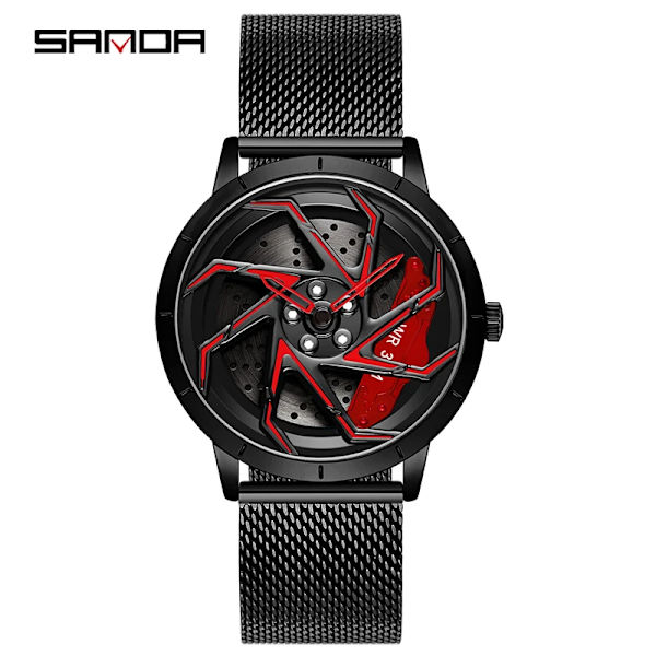 Mode Hot Sell Bilfälg Herr Klockor Rostfritt stål Vattentät watch 360 graders roterande hjul Fälgskiva Quartz Armbandsur Mesh black red
