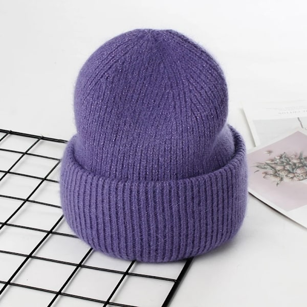 Visrover 9 Färger Unisex Solid Färgade Mössor Vinterhatt För Kvinna Stickad Bonnet Acryl Kvinna Höst Varma Skullies 4-lurex  purple