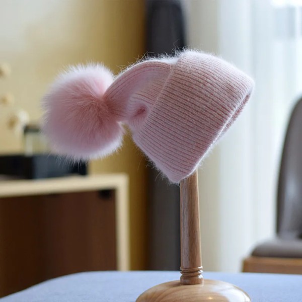 Vinter Pom Pom Stickade Mössor för Kvinnor Mode Mink Varma Pompoms Mössor Kvinnliga Trefaldiga Tjocka Hattar Pink