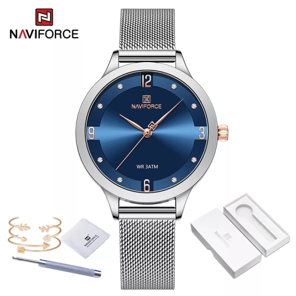 NAVIFORCE modeklockor för kvinnor högkvalitativ kvarts damklocka Mesh rostfritt stål Sliver blå vattentät damarmband SBE-BOX