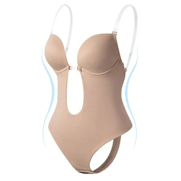 Dam Justerbar rygglös BH Shaper BH Body Sömlös stringtrosa Kvinnors djup V-ringad genomskinlig rem för fester Klänningar Underkläder Skin S