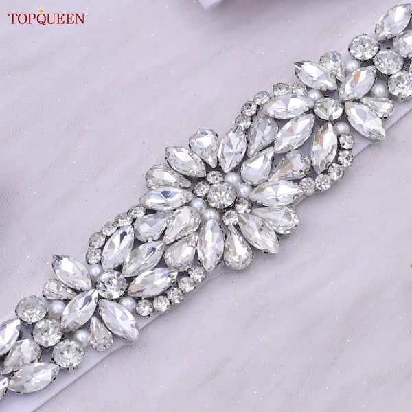 TOPQUEEN S407-B Elastiska bälten för kvinnor för festklänning Silver Rhinestone gördel Dam Blank midjeband Mode Daglig Lyxig S407   White