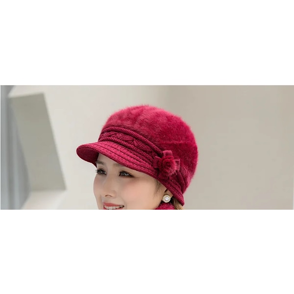 Ny vintermössa Tjock varm stickad mössa Halsduk Vantar 3-delars set för kvinnor Elegant blommig basker Utomhus Skidåkning Ridhjälm wine red hat
