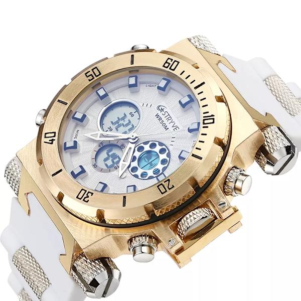 STRYVE Herrklockor Topp Lyxmärke Silikon Herr Sportklockor Herr Quartz LED Digital Klocka Vattentät Militär Watch silver white