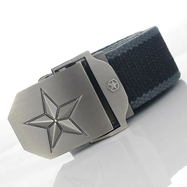 BOKADIAO Herr & Kvinnor Militär Canvas bälte lyxigt 3D-stjärna Metallspänne jeansbälte Army taktiska bälten för män midjeband hane Black dark gray side 110cm