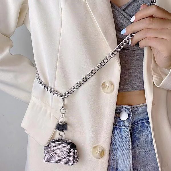 Internetkändisar Silver Kvinna Metallkedja Bälte Diagonal Span Mini Full Diamonds Midjeväska Tillbehör Ins Tide Tunn Rem silver waist chain 85cm