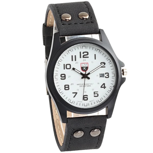 Märke watch Ny herrklocka Herr Date Läderarmband klockor Sport Quartz Military Armbandsur black white