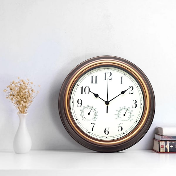 Tyst Väggklocka Batteridriven, 12 Tum Svepande Urverk Med Termometer Och Hygrometerdisplay Antique Brass