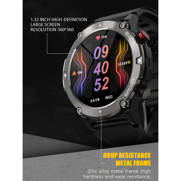 LEMFO LF26 Max Smart Watch Herr Bluetooth Call Smartwatch IP68 Vattentät 360 HD Screen Standby för Android IOS Black silver