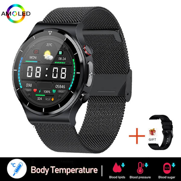 Smärtfri Icke-invasiv Blodsocker Watch Män EKG PPG Laserbehandling Hälsa Blodtryck Sport Smartklocka GlucometerWatch mesh belt