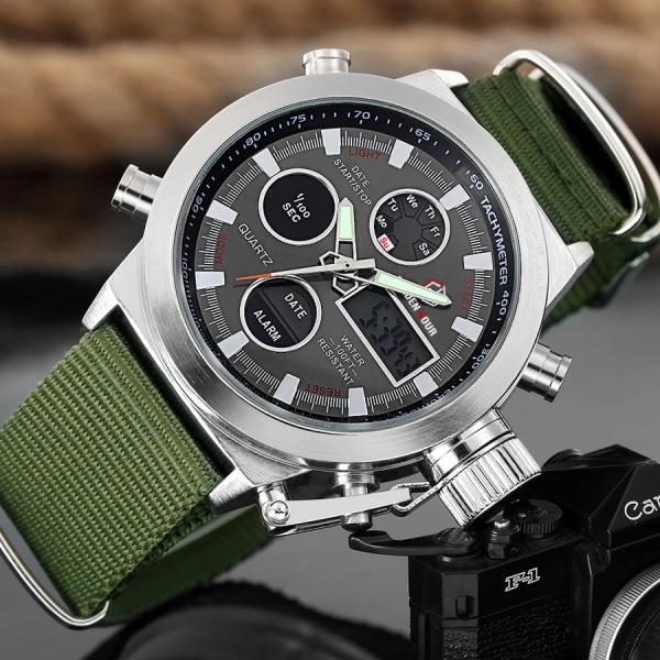 GOLDENHOUR Top Lyx Märke Utomhus Sport Watch Herr Army Canvas Klockor Auto Date Display Quartz Armbandsur Relogio Masculino Silver
