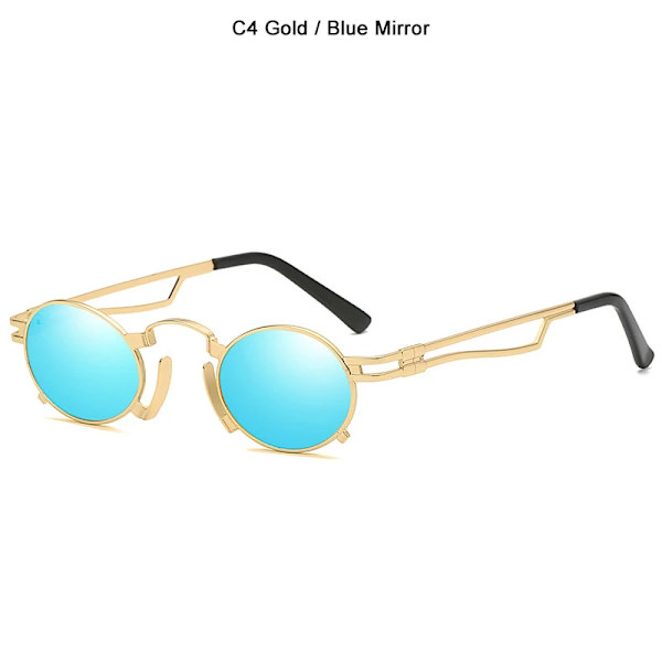 JackJad Metal Oval Båge Steampunk Gothic Vampire Solglasögon Unisex Retro 1980-talet UV400 Solglasögon Cosplay Styling Oculos De Sol C4 Gold Blue UV400