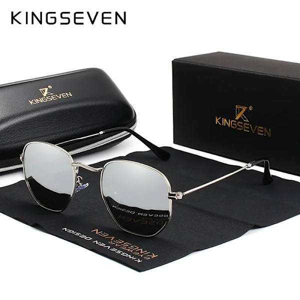 KINGSEVEN 2022 Klassiska reflekterande solglasögon Herr Hexagon Retro Solglasögon Rostfritt stål Glasögon Oculos Gafas De Sol Shades Silver mirror Original