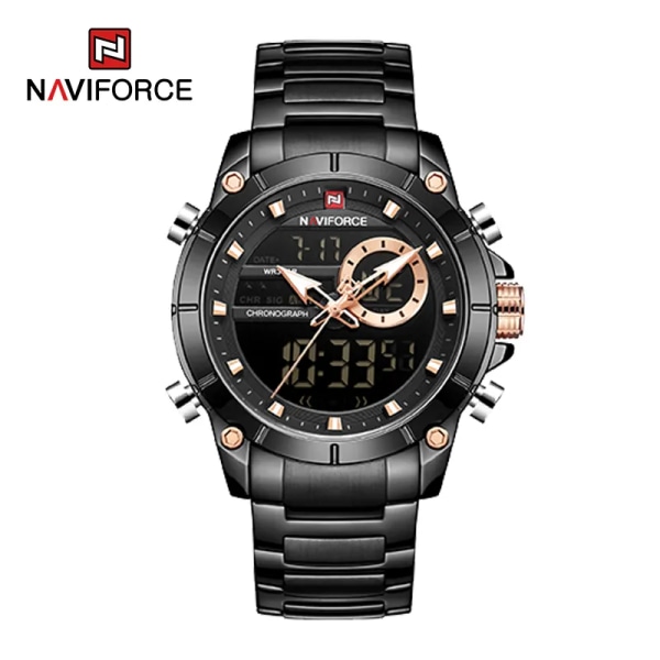 NAVIFORCE Luxury Original Watch för män Kvartsstål Vattentät Dual Display Modeklockor Relogio Masculino 9163 BB