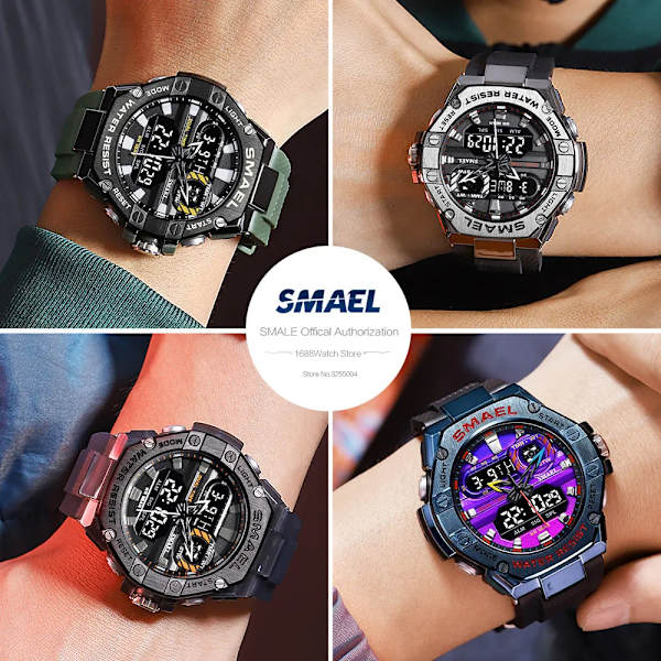 SMAEL Dual Time Röd Digital Watch Herr Militär Sport Chronograph Quartz Elektroniskt Armbandsur med Date Week Vattentät 8066 Green-Box