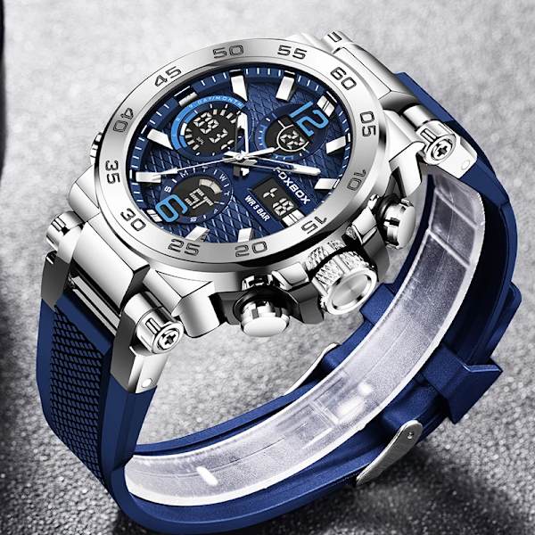 LIGE Nya klockor för män 50M vattentät klocka Alarm reloj hombre LCD Dual Display Armbandsur Quartz Military Sports Watch Black