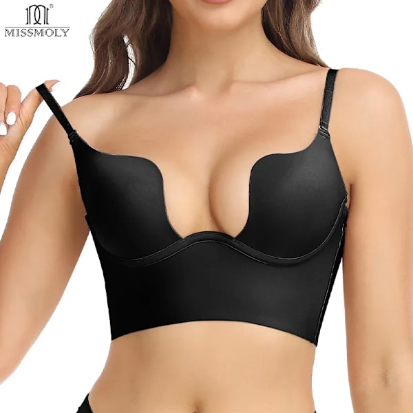 Kvinnor Sexig Djup U-hals BH Shaper Rygglös Push Up Bröstunderkläder MISS MOLY BH:ar Low Cut Plunge Bröllopsunderkläder Fajas Korsetter Black M