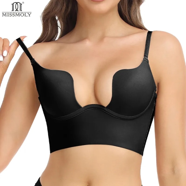 Kvinnor Sexig Djup U-hals BH Shaper Rygglös Push Up Bröstunderkläder MISS MOLY BH:ar Low Cut Plunge Bröllopsunderkläder Fajas Korsetter Black S