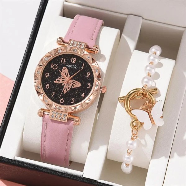 Kvinnor Mode Watch Set No Box Quartz Armbandsur Lyx Kristall Rhinestone Pearl Quartz Klockor Butterfly Watches Armband Set A9 Watch Bracelet