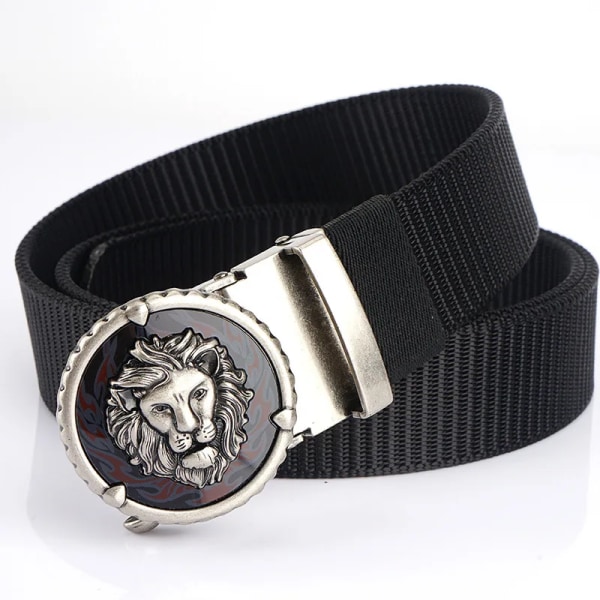 SupSindy Mans Nylon Lyx Guld Lions Metall Automatiskt spänne Canvasbälten för män Mode Jeans Midjeband Svart manlig rem Gold buckle black 110cm