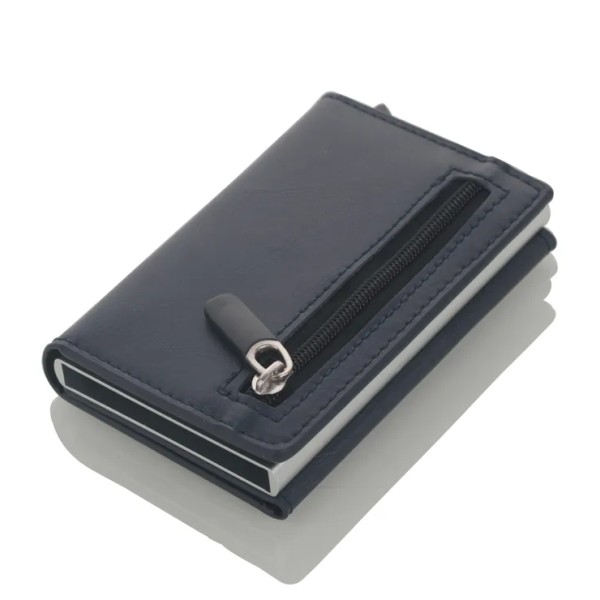 Cizicoco kreditkortshållare 2020 Ny aluminiumlåda Kortplånbok RFID PU Läder Pop Up Case Magnet Kolfiber Myntväska Blue