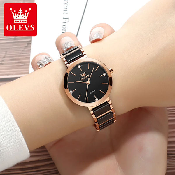 OLEVS Quartz högkvalitativa klockor för kvinnor Keramiskt band Vattentätt mode damarmbandsur Uppgraderingsversion med krona black