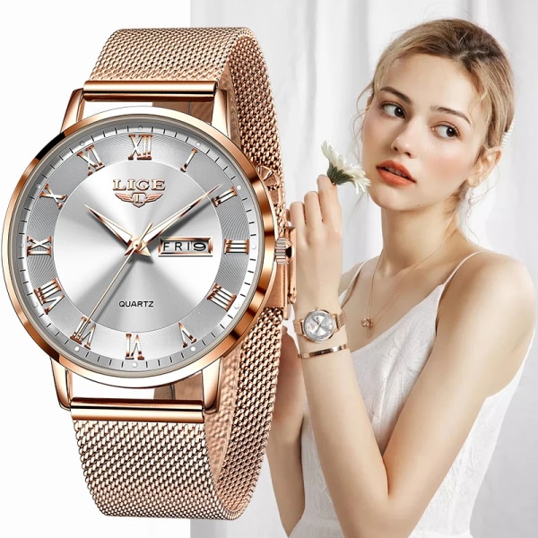 Ny LIGE Ultra-tunn watch för kvinnor Toppmärke Lyxklockor Mode damklocka i rostfritt stål vattentät kalenderarmbandsur+låda Rose gold black