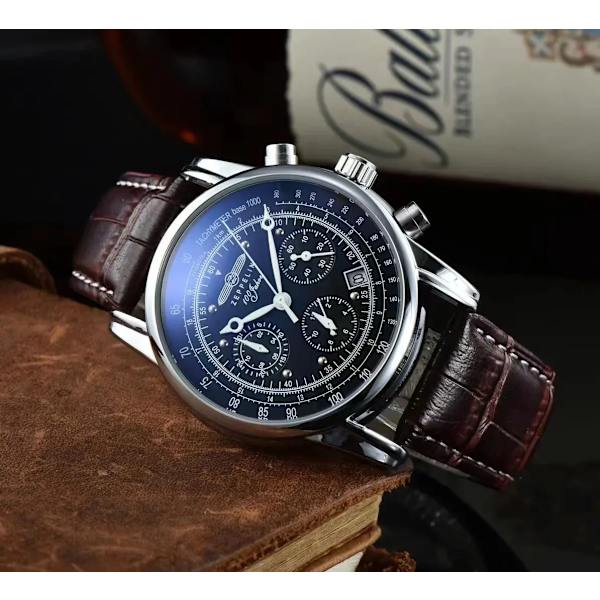 Nya Zeppelin lyxiga fritidskvarts läderklocka för män watch sport vattentät datum multifunktions kronometer Brown Black