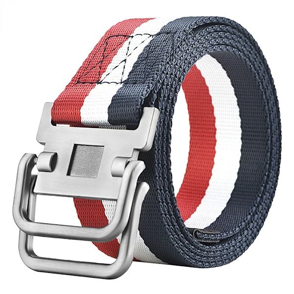 Nya dubbelringspänne Canvasbälten för män Militär träningsbälten Mode utomhus metallspänne midjeband Justerbar längd RedWhite Blue Stripe 100cm