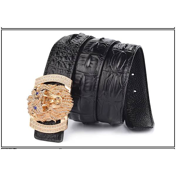 Hi-Tie Krokodil Brunt Läder Kaffe Herrbälte Lyx Guld lejon Spänne Koskinn Äkta Läder Bälte för Jeans Bälte Herr Presenter gold black 110cm