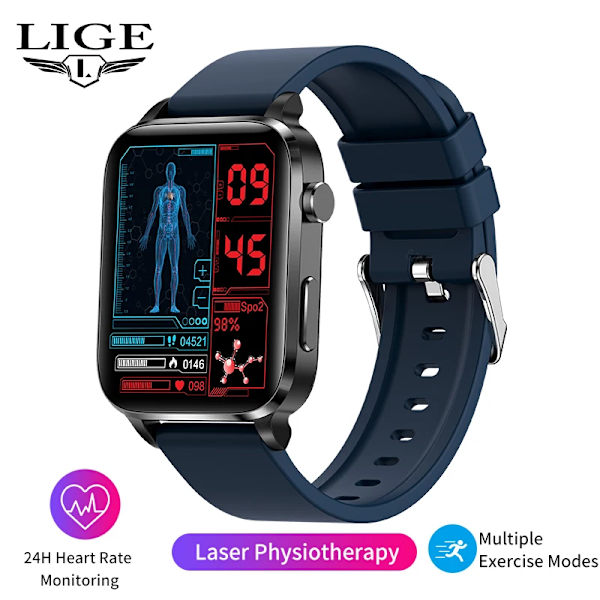 LIGE SmartWatch Män Laserassisterad terapi Tre hög puls Blodsocker Hälsa Smartwatch Sömn Kroppstemperaturövervakning blue