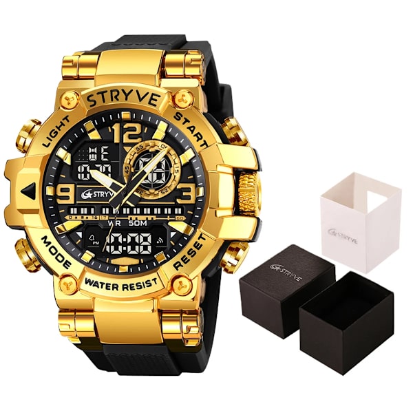 Ny STRYVE- watch för män Digital-Analog Dual Movement Calendar Lysande 50M vattentäta klockor Mode Sport Watch 8025 Gold