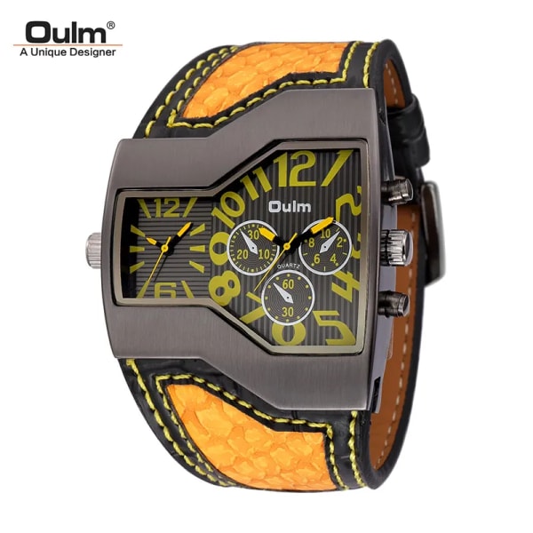 Oulm Klockor Toppmärke Lyx Militär Quartz Watch Unik Multipel Tidszon Läderarmband Herrarmbandsur Relogio Masculino Yellow