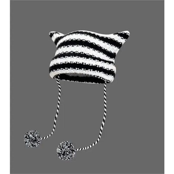 Japansk Streetwear Harajuku Beanie Hatt Liten Djävul Randig Stickad Hatt För Kvinnor Flickor Höst Vinter Söta Kattungeöron Mössa style 01-black