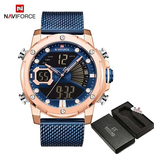 NAVIFORCE Originalklockor för män Lyxmärke Quartz Dual Display Militär watch Mesh stålband Vattentät klocka RGBEBE BOX
