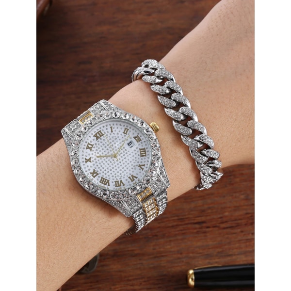 Punk hip hop watch set med diamant besatt armband set Watch set A07582 Yellow