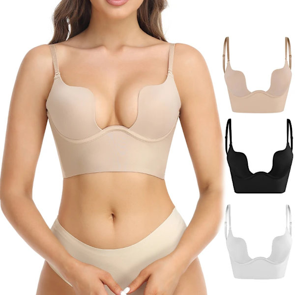 Kvinnors sexiga djupa U-hals BH Shaper Rygglös Push Up Bröst Underkläder BH Lågskurna Plunge Bröllopsunderkläder Korsett Beige M