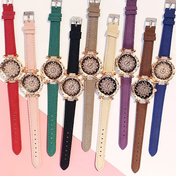 2st Set Kvinnor Mode Klockor Starry Sky Dam Armband Watch Casual Läder Sport Quartz Klockor Red
