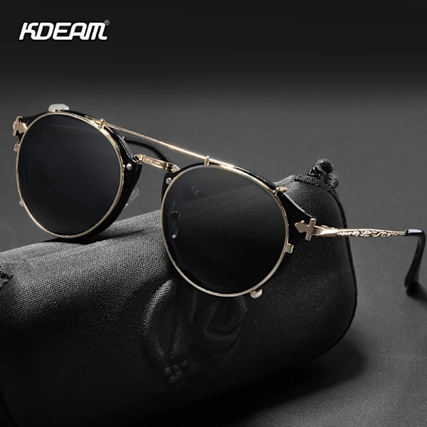 KDEAM Retro Steampunk Rund Clip On Solglasögon Herr Dam Dubbellager Avtagbar lins Barock Carved Ben Glasögon UV400 med box C2 Black Hard Case