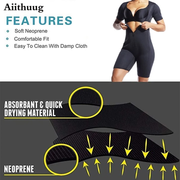 Aiithuug Bastudräkt för kvinnor Shapewear Viktminskningskorsett Svett Body Shaper Bantning Neopren Kortärmad neoprenbody black M