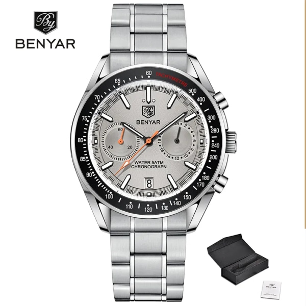 2023 Ny BENYAR Watch för män Lyx kvarts kronograf herrklockor Sport Vattentät Automatisk självlysande klocka Reloj Hombre Silver Gray