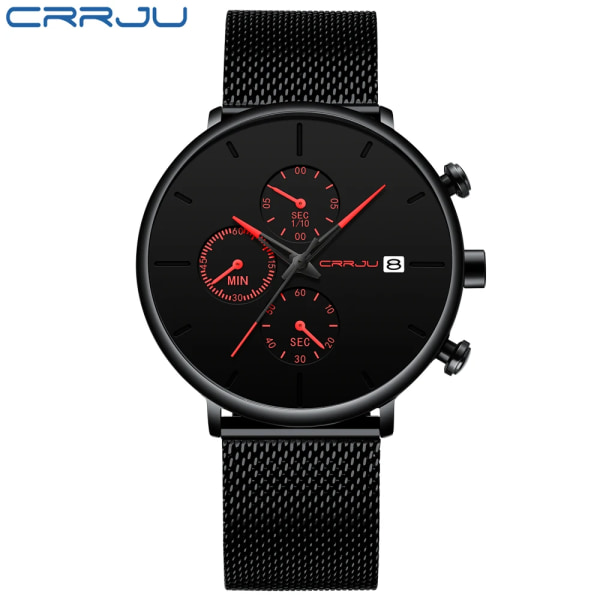 CRRJU Herrklockor Lyx Watch Unik design i rostfritt stål Auto Date Mesh Armband Män Mode Casual Quartz Klockor 2258-red BOX