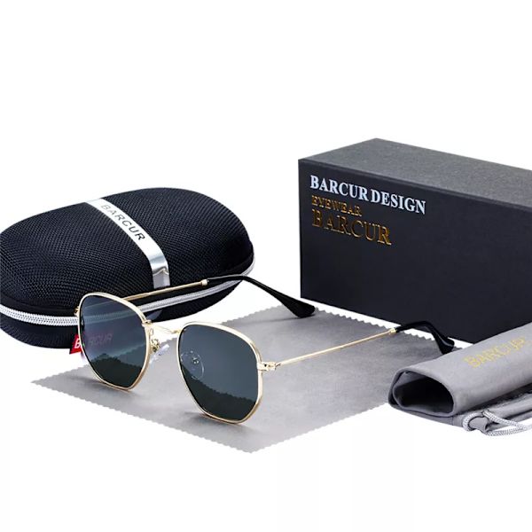BARCUR Klassiska Retro Reflex Solglasögon Man Hexagon Solglasögon Metallram Glasögon Solglasögon Med Box Oculos De Sol gafas Gold Green BARCUR