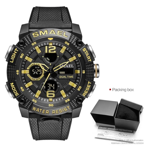 SMAEL Dual Time LED Display Digital watch för män Vattentät Simning Quartz Sportklockor Auto Date Alarm Clock Armbandsur 8039 Black gold-Box